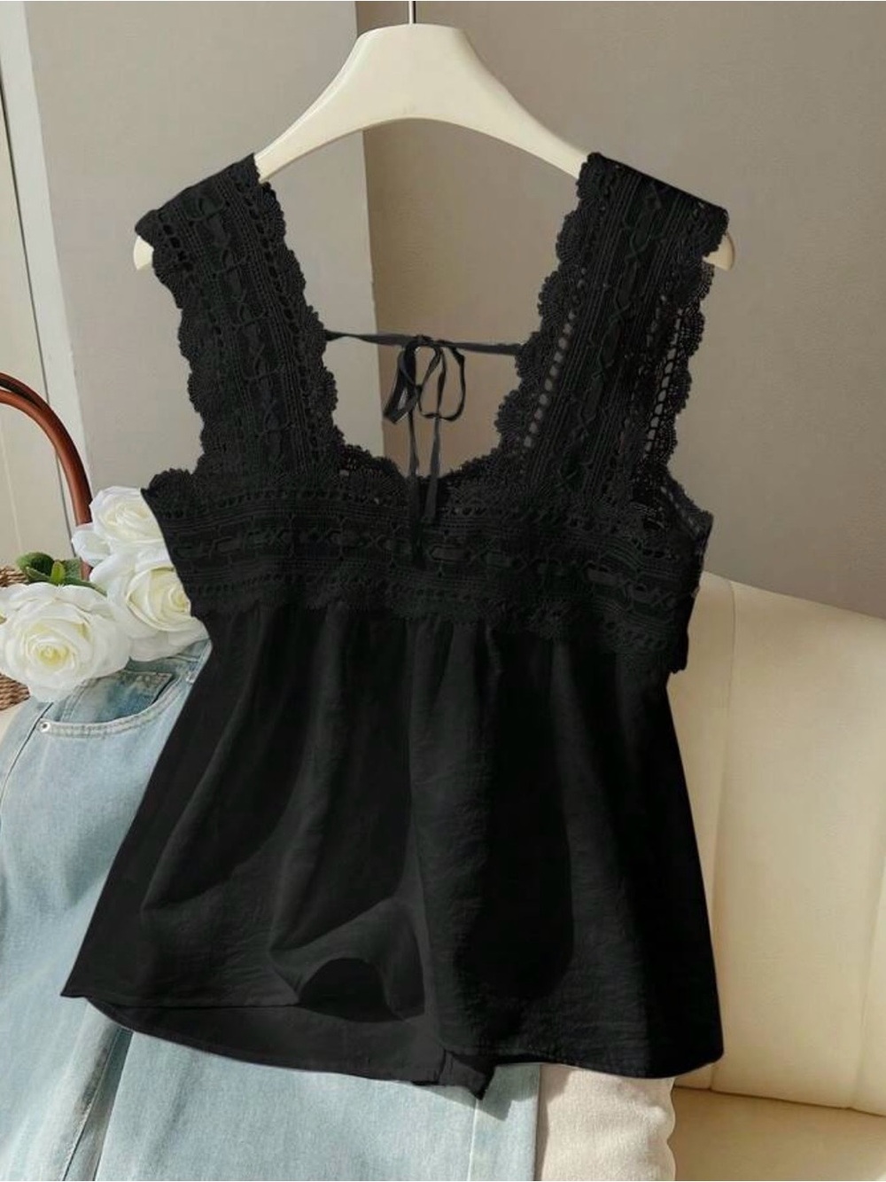 Lace-Trim Black Sleeveless Peplum Top